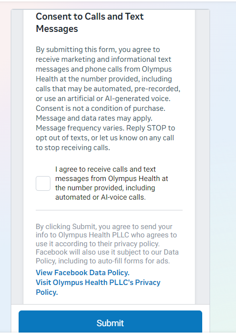 Olympus Health lead form opt-in flow, step 2